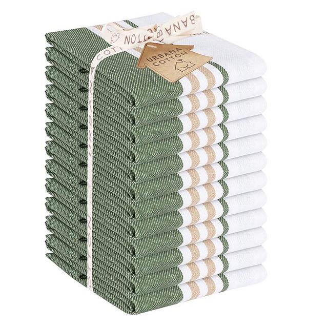 Urbana Cotton Kitchen Towels Euro Café Set of 12 – Soft Absorbent Quick Drying Table and Kitchen Linen - Dish Towels, Tea Towels and Cleaning Towels with Hanging Loop – 16x26 Green White