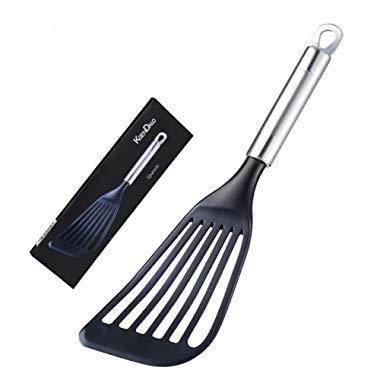 Wide Thin Slotted Nylon Spatula, KSENDALO Lightweight but Sturdy Turner, with Brushed Stainless Steel Handle(Opion1)