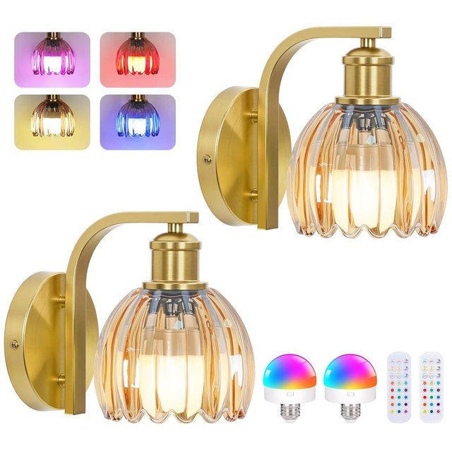 Rechargeable Battery Operated Wall Sconce Set of Two with Amber Glass Lampshade, Wireless Wall Scone Decor with Remote Control, 15 Colors Gold Wall Light for Bedside Hallway Bedroom Doorway