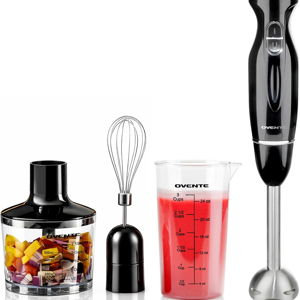 OVENTE Immersion Hand Blender Set, 300W Electric Handheld Stick Mixer, 2 Mixing Speeds with Stainless Steel Blades, Egg Whisk, Beaker & BPA-Free Food Chopper, Black HS565B