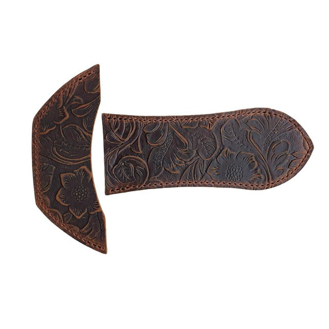 JJNUSA Leather Cast Iron Handle Cover，Skillet Handle Cover, Handmade Full Grain Crazy Horse Leather Handle Protector (2 Pack) Flower Brown