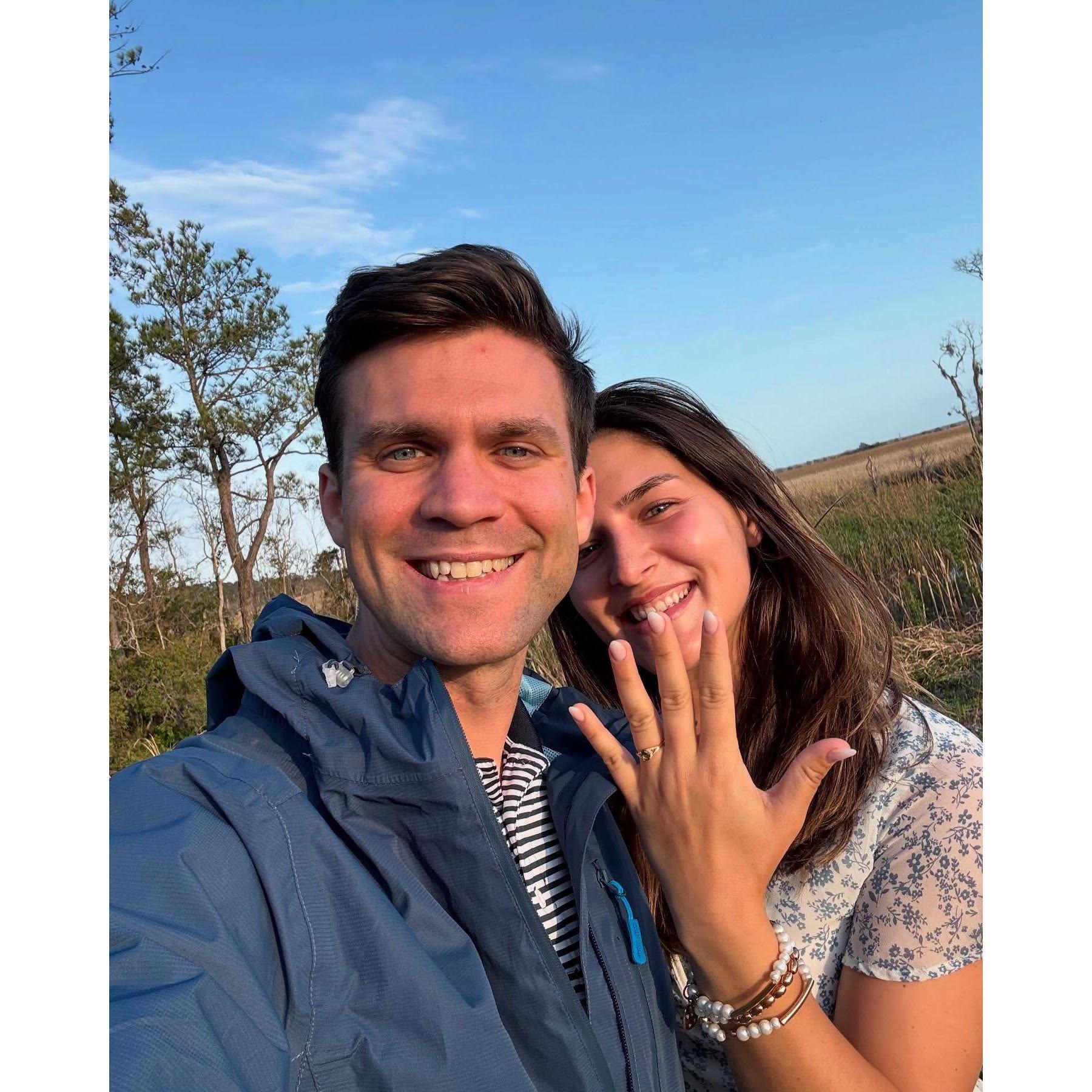 One of our favorite quiet spots in Edisto — tucked under the oaks, full of memories. This time, it became the biggest one yet… the moment he asked, and I said yes.