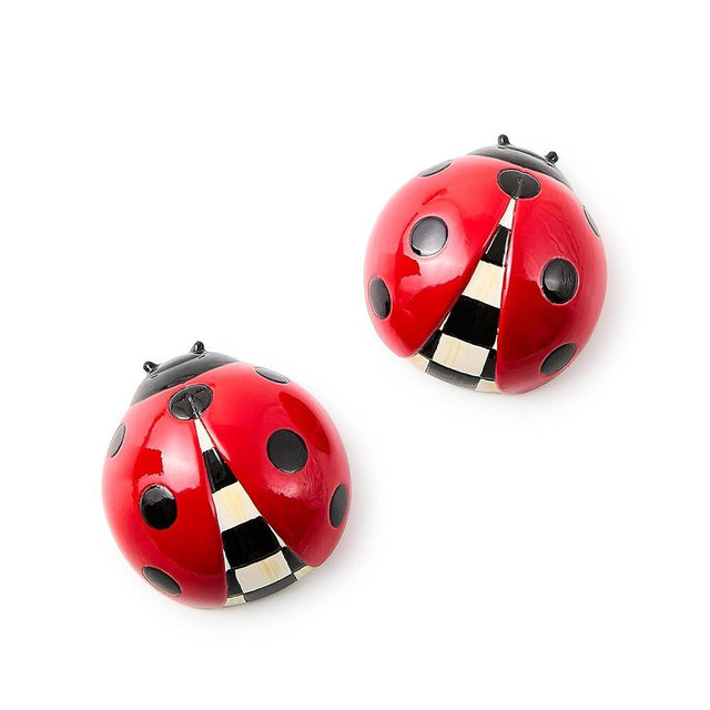 MACKENZIE-CHILDS Set of 2 Decorative Magnets, Magnets for Refrigerator Decor, Black-and-White Courtly Check Ladybug