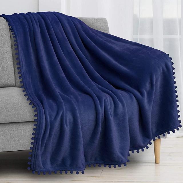 PAVILIA Pom Pom Blanket Throw, Royal Blue | Soft Fleece Pompom Fringe Blanket for Couch Bed Sofa | Decorative Boho Decor Cozy Plush Warm Tassel Throw Blanket, 50x60