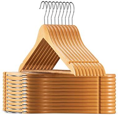 High-Grade Wooden Suit Hangers with Non Slip Pants Bar -Smooth Finish Solid Wood Coat Hanger with 360° Swivel Hook and Precisely Cut Notches for Camisole, Jacket, Pant, Dress Clothes Hangers (20 Pack)