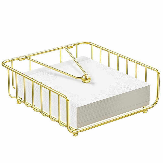 GMFINE Napkin Holder for Table with Weighted Arm, Dinner Metal Flat Napkin Holders for Paper Napkins, Outdoor Napkin Dispenser Restaurant (Gold)