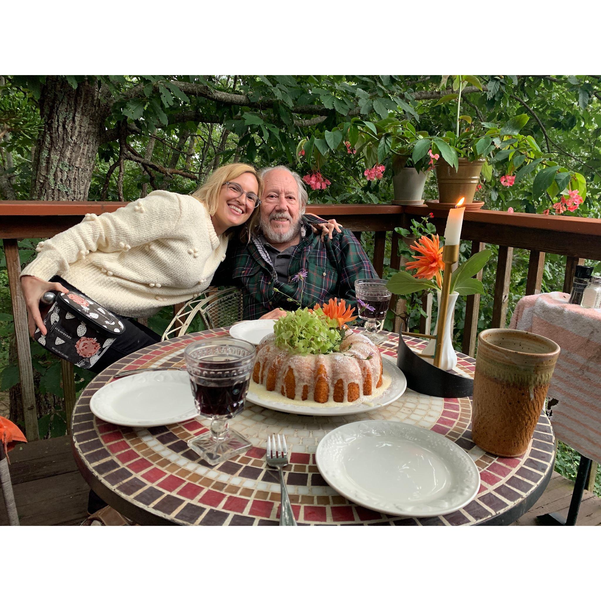 Genevieve and Carl were in North Carolina for his Dad's 77th birthday. Genevieve made her family's famous Lemon Cake and they enjoyed it al fresco.