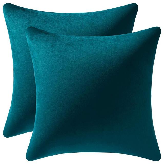 DEZENE Throw Pillow Cases 18x18 Teal: 2 Pack Cozy Soft Velvet Square Decorative Pillow Covers for Farmhouse Home Decor