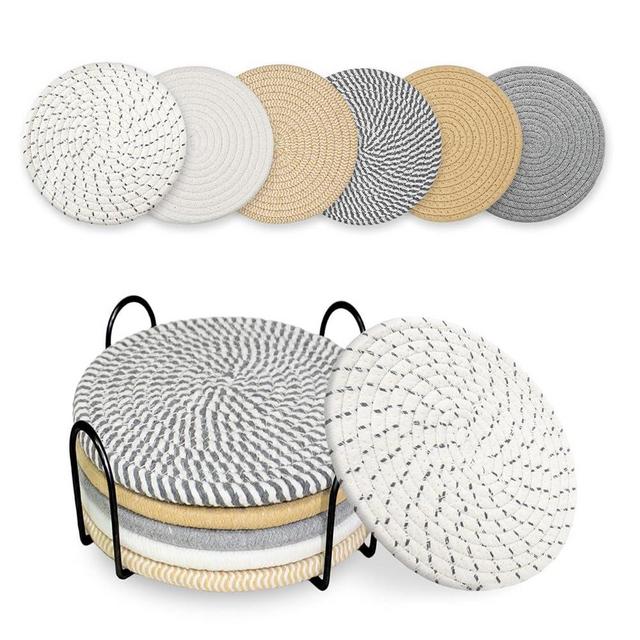 6 Pack Cotton Trivets Set with Metal Holder - 8 Inch Heat Resistant Hot Pads for Kitchen Countertops, Non-Slip Table Mats for Hot Pots, Pans & Dishes Farmhouse Kitchen Accessories