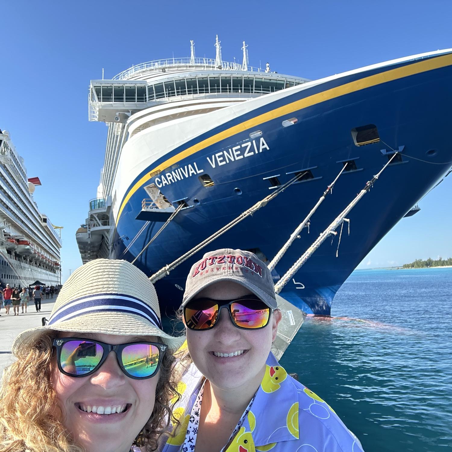 Lauren in her new duck outfit, what a great view of our ship!