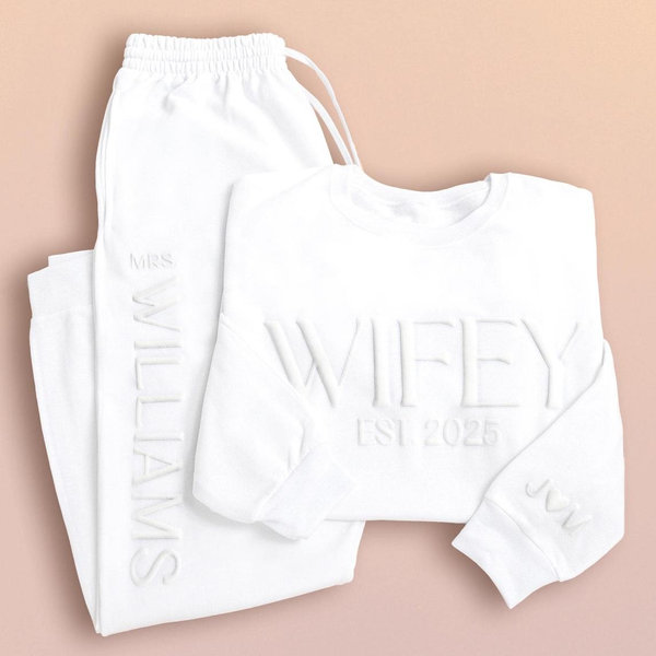 Personalized Puff Wifey Sweatshirt Embossed Couple Sweatshirt Custom Wifey,Hubby Sweatshirt Gift for Newlywed Anniversary, Engagement Gift