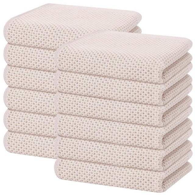 Homaxy 100% Cotton Waffle Weave Kitchen Dish Towels, Ultra Soft Absorbent Quick Drying Cleaning Towel, 13 x 28 Inches, 12-Pack, Beige