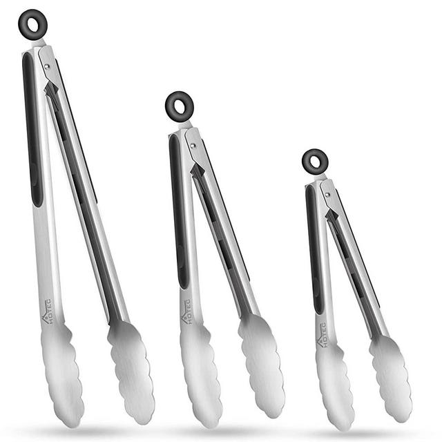 HOTEC Stainless Steel Kitchen Tongs Set of 3 -7" , 9" and 12", Locking Metal Food Tongs Non-Slip Grip