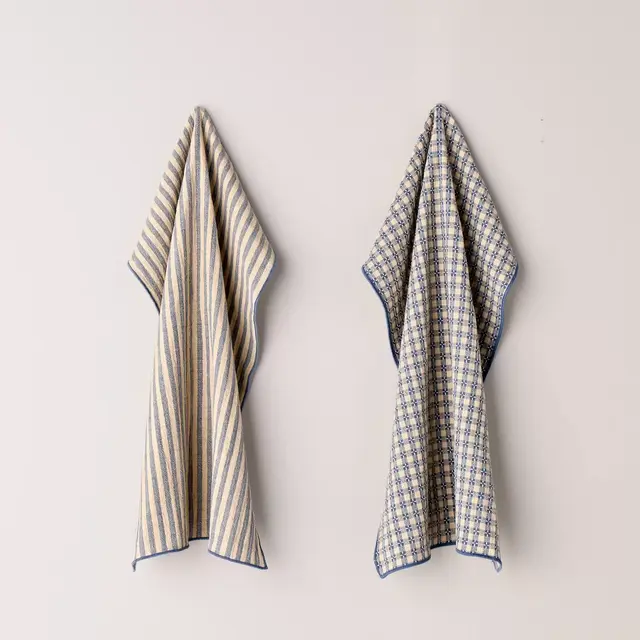 2ct Reversible Textured Gingham/Stripe Kitchen Towel Set Blue/Natural - Hearth & Hand™ with Magnolia