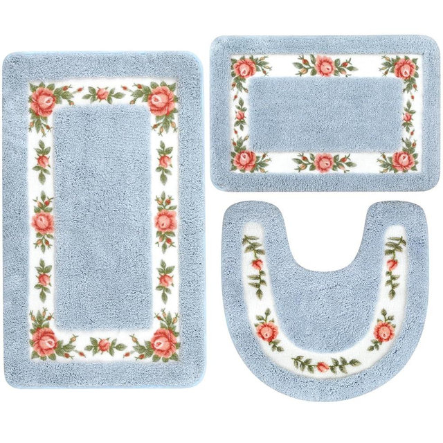 Drydiet 3 Pcs Rose Flowers Bathroom Rugs Set Coquette Room Decor Floral Rugs for Bathroom Bedroom Living Room, Floral Bath Mat Non Skid Romantic Rose Flower Area Rugs 3 Shapes(Blue)