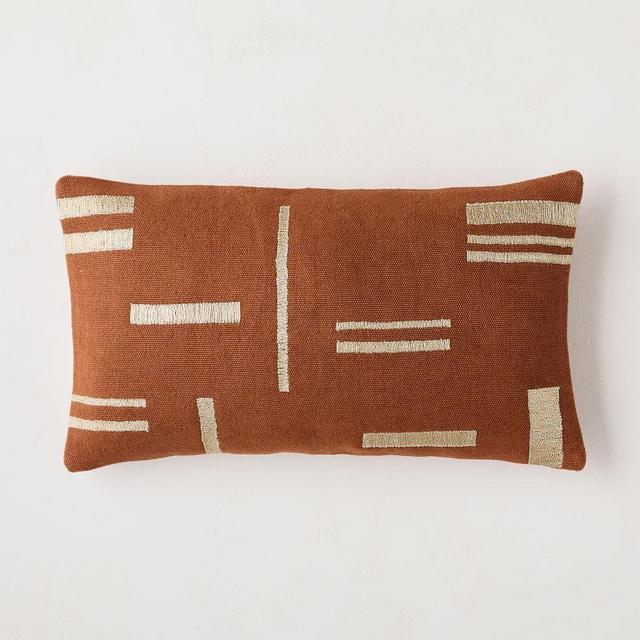 Embroidered Metallic Blocks Pillow Cover, 12"x21", Copper Rust