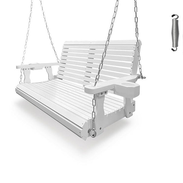 Wooden Porch Swing 2-Seater, Bench Swing with Cupholders, Hanging Chains and 7mm Springs, Heavy Duty 800 LBS, for Outdoor Patio Garden, Pure White, 4 FT Extra Large