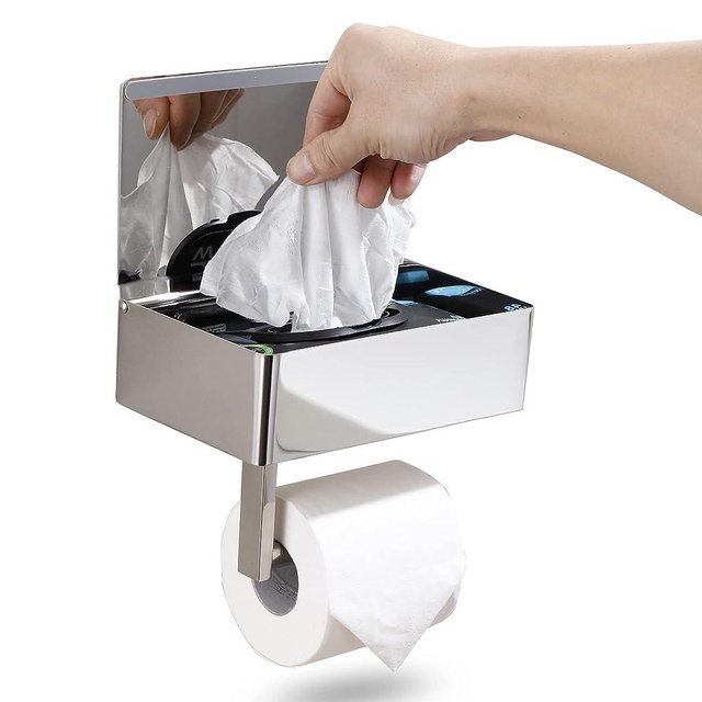 Day Moon Designs Toilet Paper Holder with Shelf - Flushable Wipes Dispenser & Storage Fits Any Bathroom, Keep Your Wet Wipes Hidden - Stainless Steel Wall Mount Bathroom Organizer - Chrome, Large