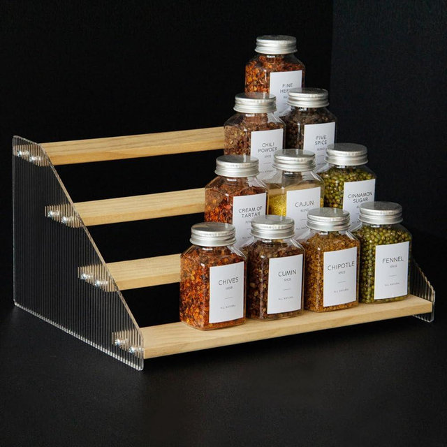 nianfeng Tiered Spice Rack Organizer for Cabinet & Countertop, 4 Tier Spice Shelf for Kitchen & Pantry, Wooden & Acrylic Risers Display Stands, Perfume Medicine Seasoning Vitamin Canned Storage