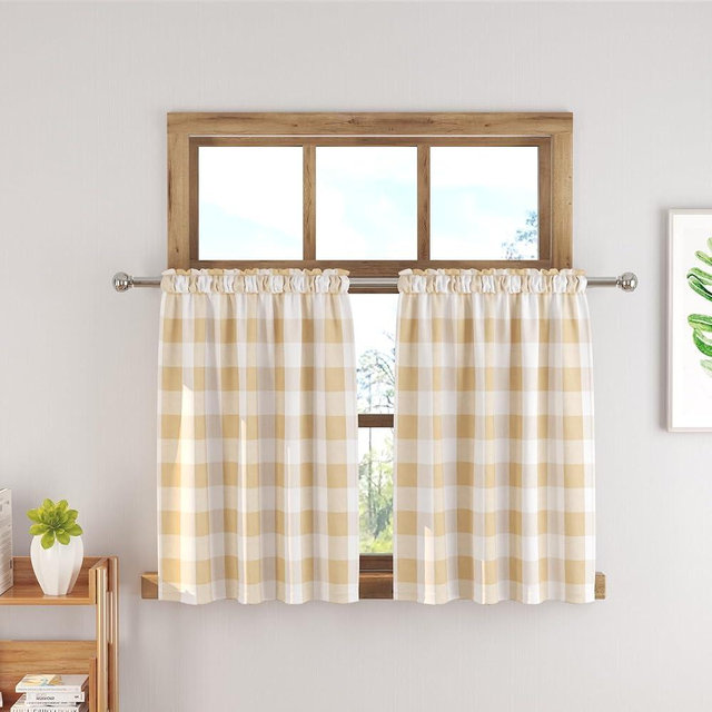 Short Curtains For Windows Treatment Buffalo Check Plaid Valances Gingham 2 Pack Tiers Rod Pocket Beige and White Farmhouse Decor Small Curtains Over Sink For Kitchen/Living Room 36 Inch Length