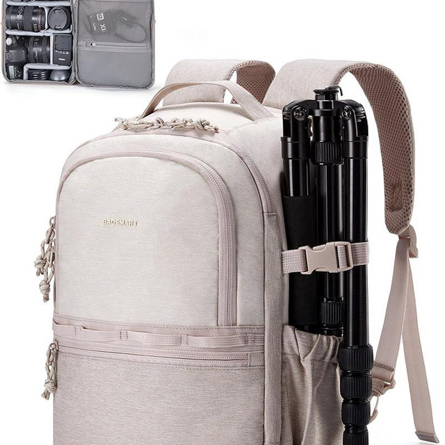BAGSMART Camera Backpack, DSLR SLR Small Camera Bags for Photographers Compatible for Sony Canon Nikon, Shoulder Strap 2-in-1 Travel Backpack Fits 12.9" iPad, Beige