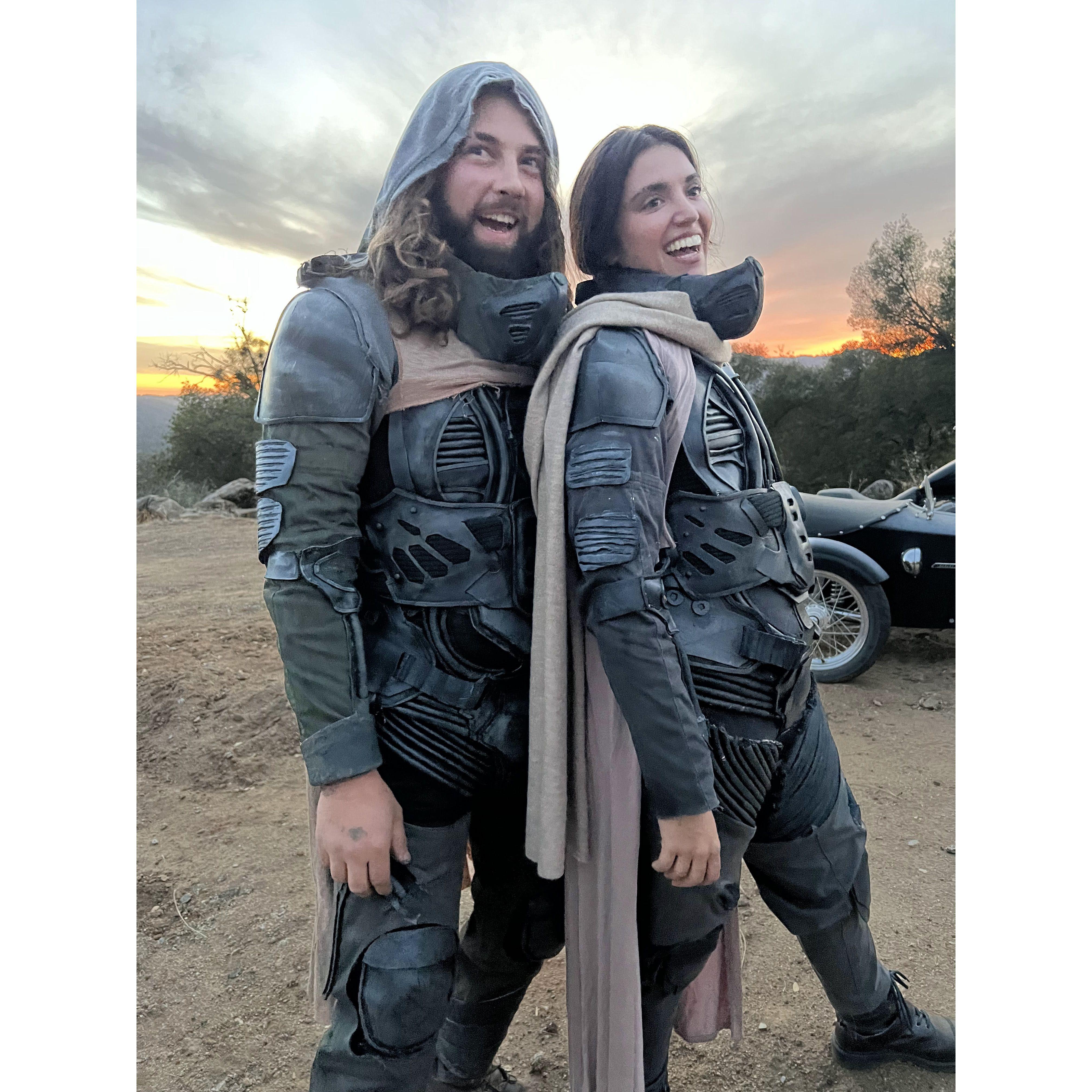 Wearing our handmade Dune costumes for Halloween 2022