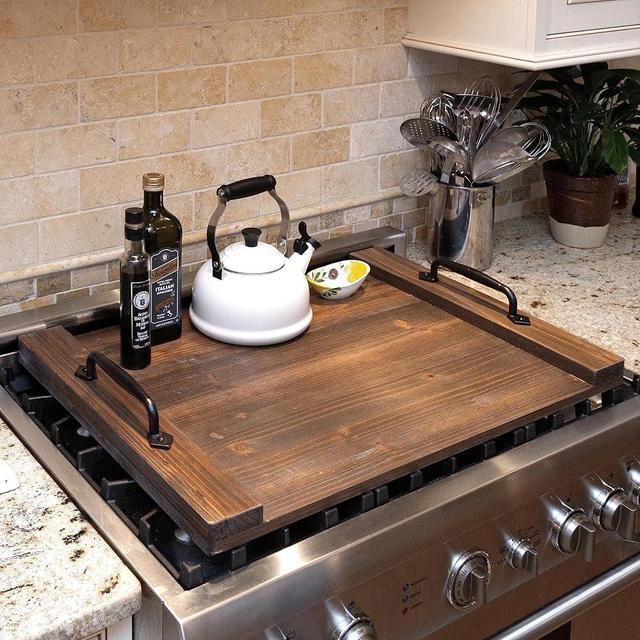 Ilyapa Noodle Board Stove Cover - 22x30 Inch Wooden Covers for Gas Burners and Electric Stoves, Farmhouse Serving Tray with Handles Made of Cast Iron - Charcuterie Board