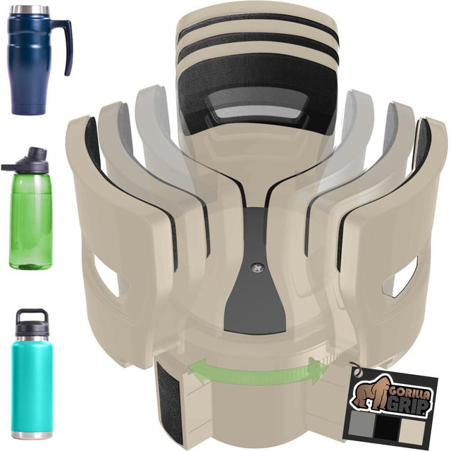 GORILLA GRIP Patent Pending Car Cup Holder Expander, Keeps Large Drink Cups Secure, Expands Fits Yeti, HydroFlask, Stanley 18 to 48oz Large Water Bottles, Coffee Mug, Adjustable Arms Insert, Tan