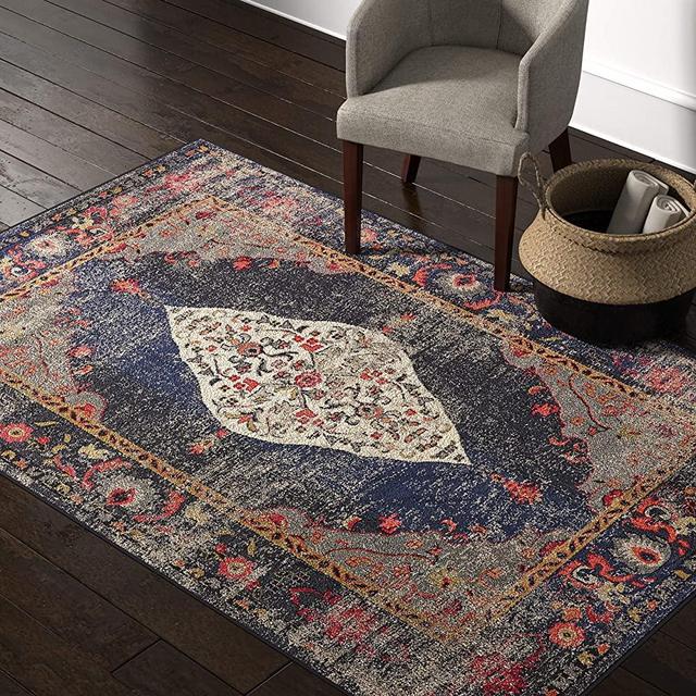 Amazon Brand – Rivet Distressed Color Medallion Area Rug, 5' 3" x 7' 7", Navy