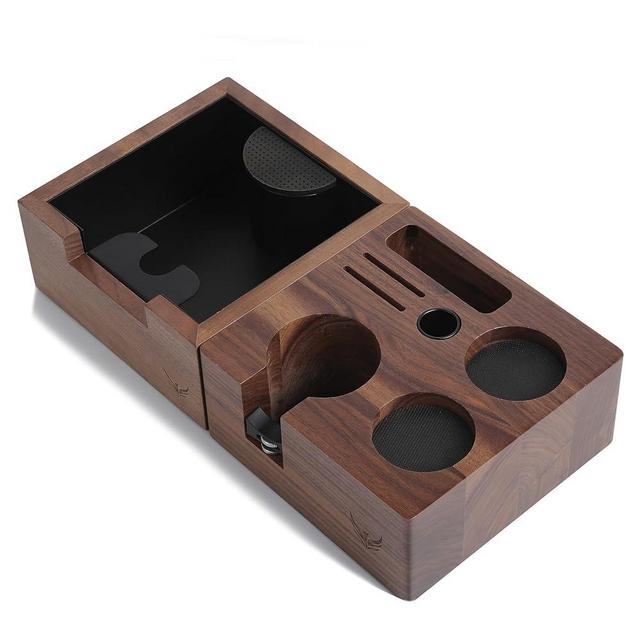 KNODOS Espresso Knock Box and Tamping Station Kit 54mm for Breville Machines Walnut Compact Espresso Setup with Shock-Absorbent Coffee Grounds Dump Bin and Espresso Accessories Organizer