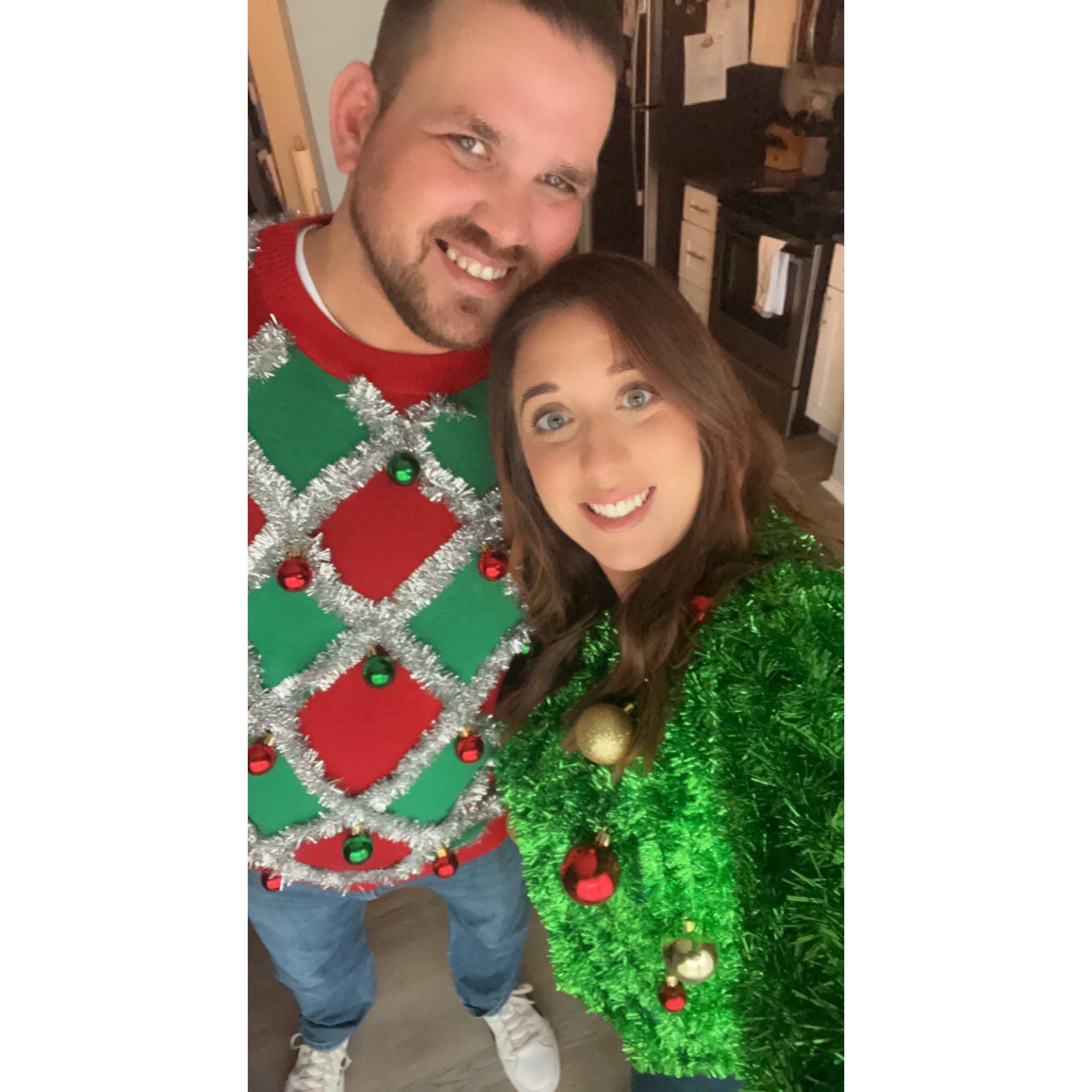 One year of our annual Ugly Christmas Sweater contest/bar outing with Sam's family!