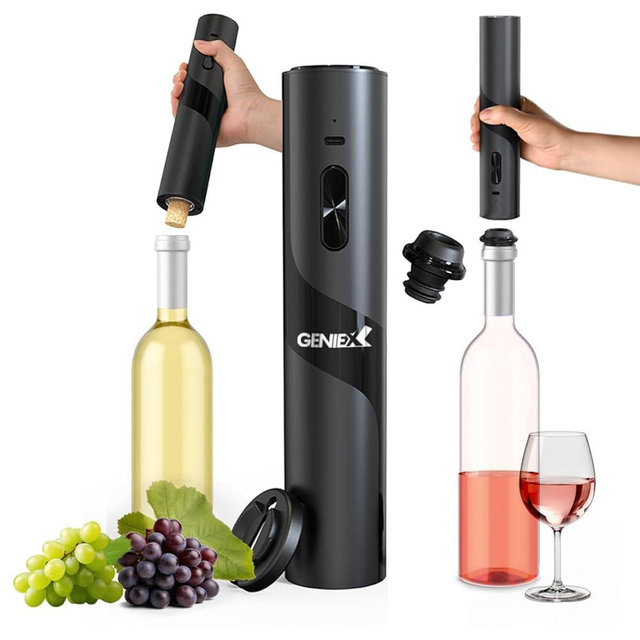 GenieX Automatic Wine Opener Wine Preserver 2-in-1, Wine Opener Electric Corkscrow at BOTTOM + Vacuum Wine Preserver Pump at TOP | Wine Opener & Wine Saver COMBINED, Perfect Wine gifts for WIne Lovers