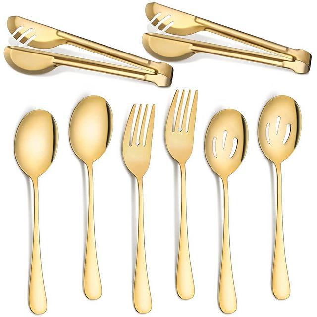 Stainless Steel Flatware Serving Utensils Large Serving Spoon Set of 9.45 Inch Metal Tongs 9 Inch Serving Forks 8.7 Inch Slotted Spoons 8.7 Inch Serving Spoons for Kitchen (Gold,8 Pieces)
