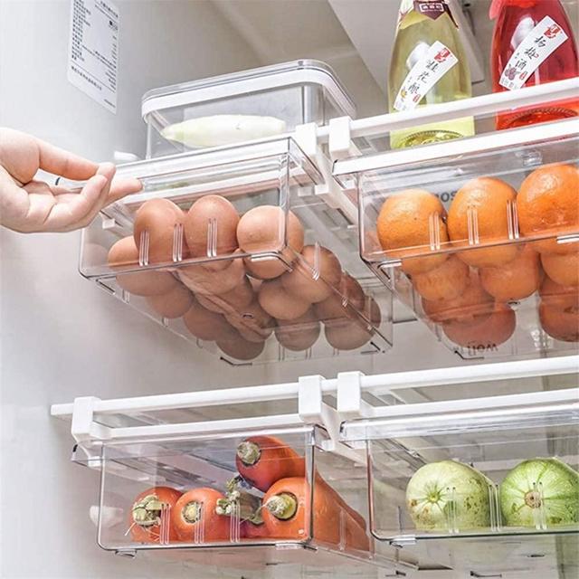 YekouMax Fridge Drawer Organizer, Refrigerator Organizer Bins, Pull Out with Handle, Fridge Shelf Holder Storage Box, Clear Container for Food, Drinks, Fit for Fridge Shelf Under 0.6" (Two Partitions)