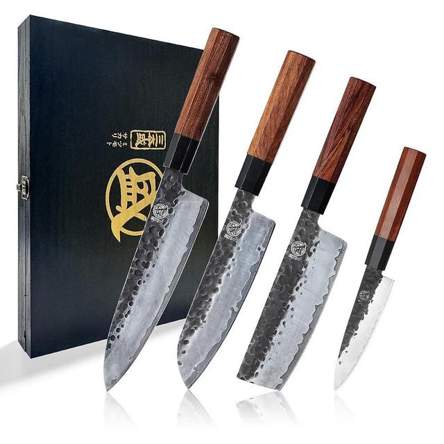 MITSUMOTO SAKARI Japanese Chef's Knife Set 4 Pcs, Professional Hand Forged Kitchen Chef Knife Set, High Carbon Ultra Sharp Cooking Chefs Knife Set (Rosewood Handle & Gift Box)