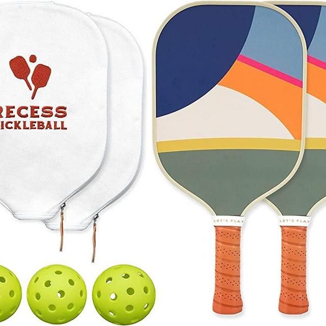 Recess Pickleball Set - Includes Pair of Competition Regulation Paddles & Box of 3 40-Hole Balls - Featuring 2 Fiberglass USA Pickleball Association Approved Rackets with Canvas Covers & Comfort Grip