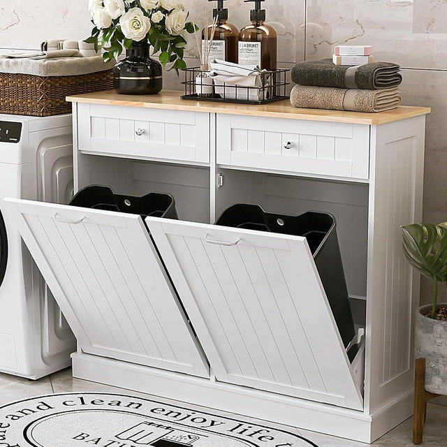 AHB Double Tilt Out Trash Cabinet Kitchen Trash Bin Cabinet 2x13 Gallons Free Standing Recycling Trash Can Cabinet with Hideaway Drawers Pet Proof Trash Can Holder for Kitchen Living Room, White