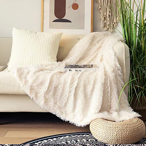 Decorative Extra Soft Faux Fur Throw Blanket 50" x 60",Solid Reversible Fuzzy Lightweight Long Hair Shaggy Blanket,Fluffy Cozy Plush Comfy Microfiber Fleece Blankets for Couch Sofa Bedroom,Cream White