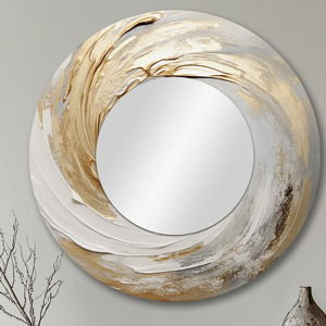 Gold And White Soft Wave Vortex III - Abstract Spirals Decorative Mirror, Modern Round Wall Mirror, Printed Metal Art - 29" x 29"