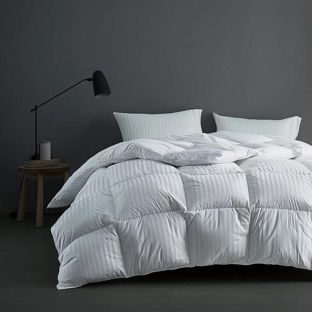 Hotel Grand Luxurious 5-Star White Fluffy Down Comforter King Size- All Seasons Warmth Down Duvet Insert 600 Fill Power- 500 Thread Count Damask Stripe Cotton Fabric- Made in USA