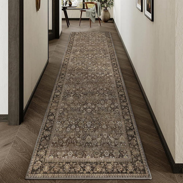 HUGEAR 2x10 Runner Rug Machine Washable Brown Hallway Area Rug Indoor Accent Rug Floral Low Pile Carpet Soft Throw Rug Bedroom Living Room Office Dining Room Kitchen Laundry Room Non Slip