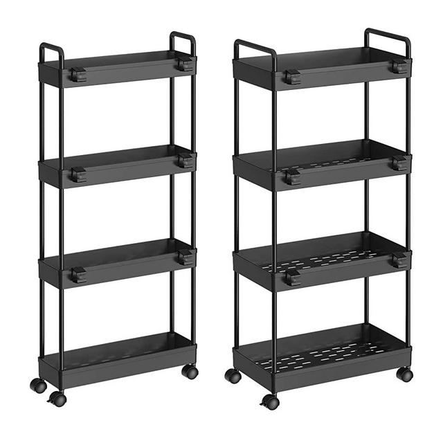 2 Pack 4 Tier Slim Storage Cart, Bathroom Organizer Laundry Room Organization Mobile Shelving Unit Slide Out Rolling Rack with Wheels for Kitchen Garage Office Small Apartment Narrow Space