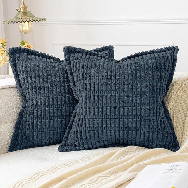 MIULEE Blue Corduroy Decorative Throw Pillow Covers Pack of 2 Soft Striped Pillows Pillowcases with Broad Edge Modern Boho Home Decor for Couch Sofa Bed 18x18 Inch