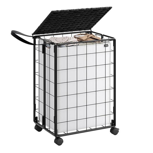 SONGMICS Laundry Hamper, 90L Laundry Basket with Lid, Clothes Hamper with Wheels, Collapsible Removable Liner Bag, Iron-Made Laundry Sorter, Ink Black and Cloud White ULCB290B12