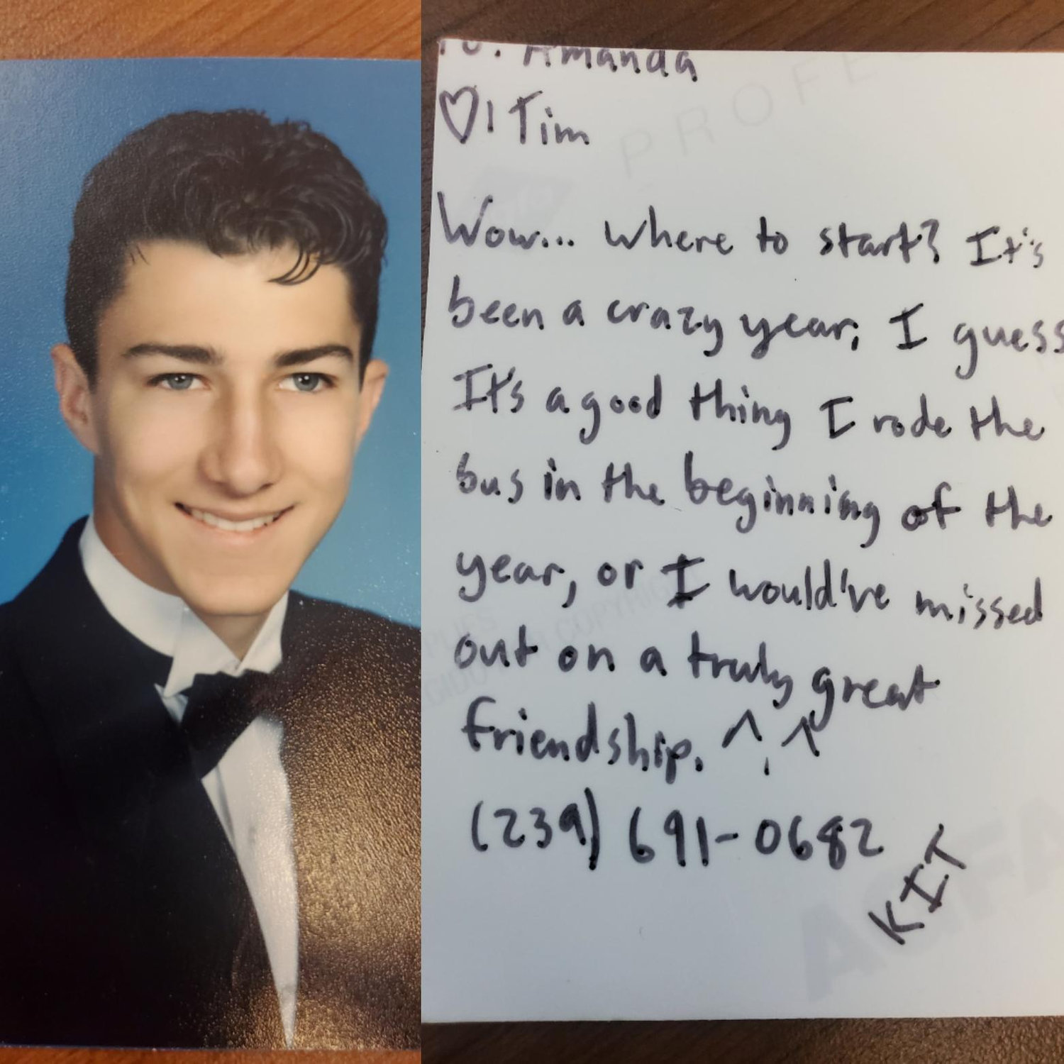 Tim's senior photo (front and back), which he gave to Amanda back in 2005.