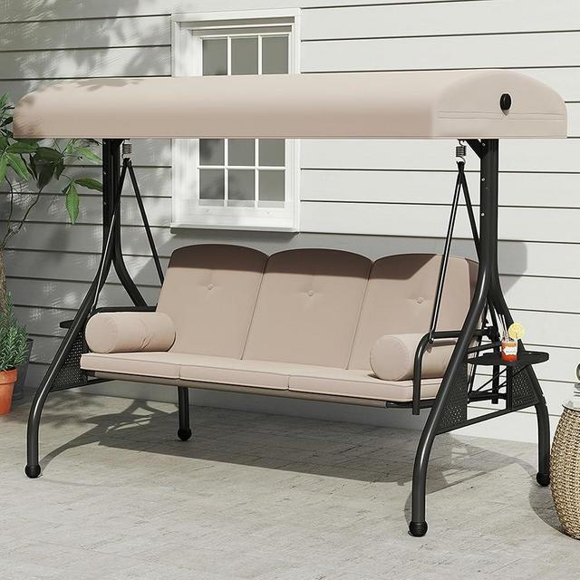 DAYARUS Porch Swing with Stand, Meatl Outdoor Swings for Adults, All Weather Outdoor Patio Swings with Canopy, Yard Swing with Canopy, 2 in 1 Swing Bed with Cupholders and Pillows for Backyard, Camel