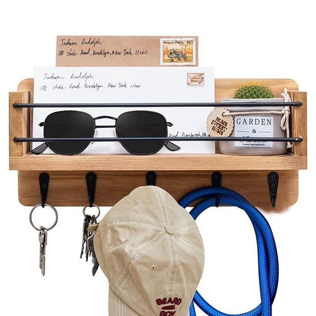 Key Holder for Wall and Mail Shelf, Solid Pine Wood Mail Sorter Organizer with 5 Key Hooks for Entryway, Storage, Living Room, Hallway, Kitchen