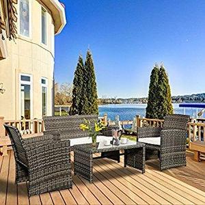 Goplus 4 PC Rattan Patio Furniture Set Garden Lawn Sofa Cushioned Seat Wicker Sofa (Mix Gray)