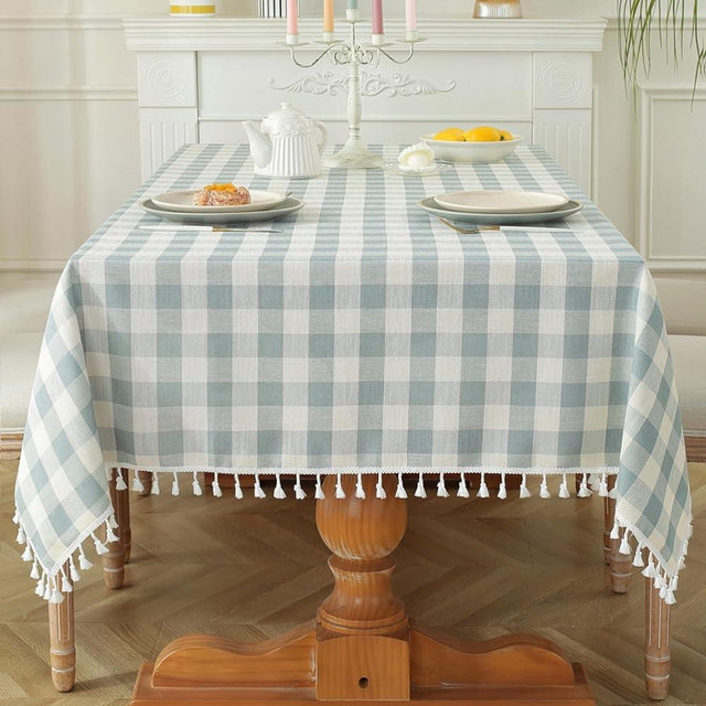 Laolitou Checkered Tablecloth Rectangle Washable Buffalo Plaid Table Cloth with Tassel Cotton Linen Gingham Table Cover for Picnic Kitchen Dining Room, Blue, 70 Inch