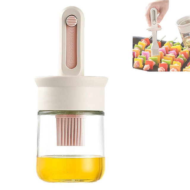 ZYHUI Pink Silicone Oil Brush Bottle with Retractable Handle, Glass Body, 6 Rows of Bristles, BBQ, Grilling, Basting